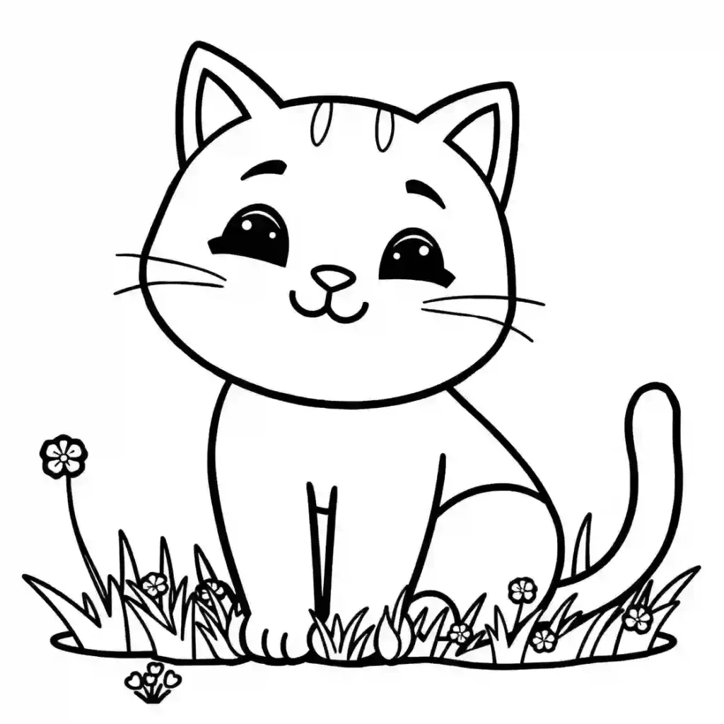 Black and white line art of an adorable cartoon kitten sitting in grass with tiny flowers, designed as a coloring page.