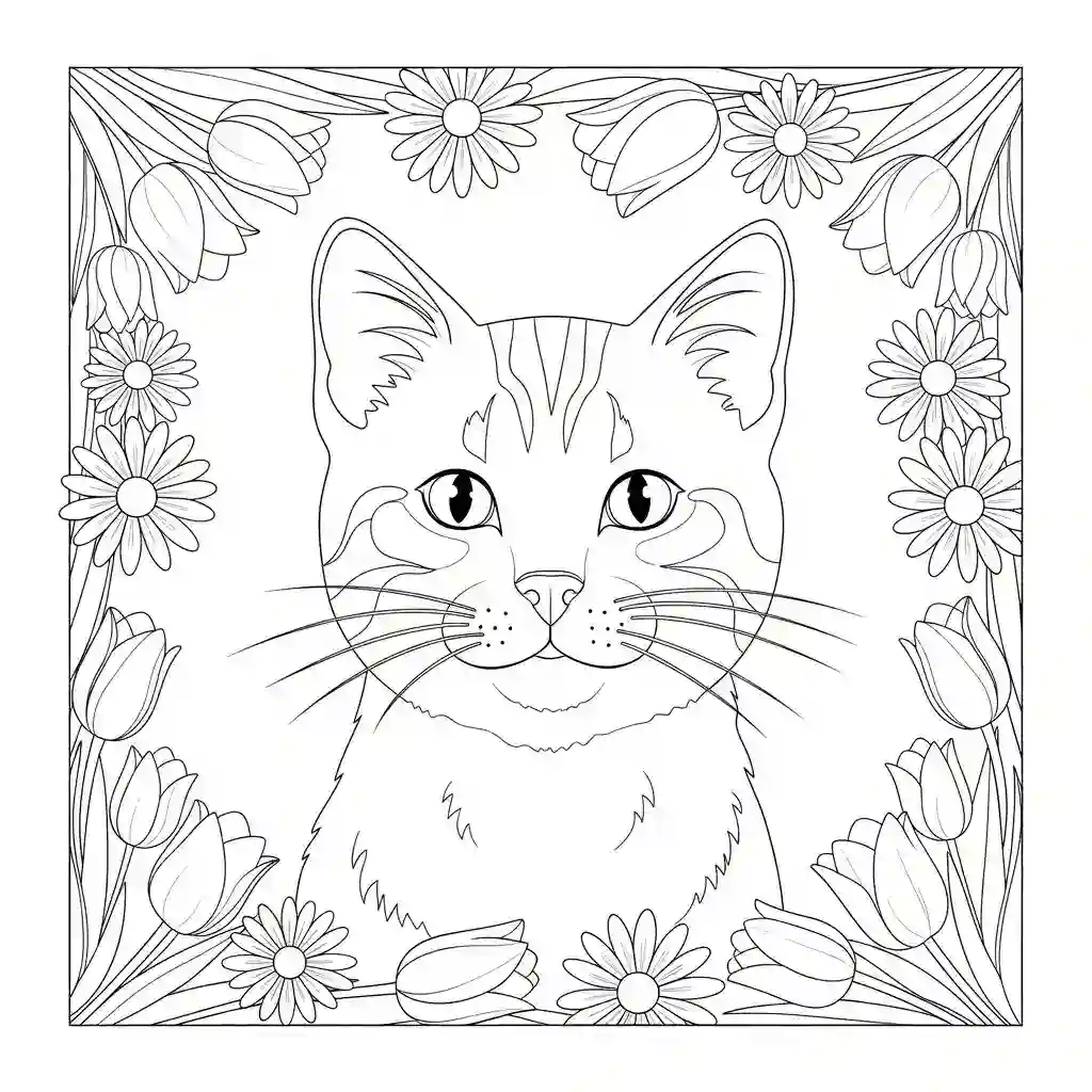 Black and white line art of a cat's face framed by an elaborate border of daisies and tulips, designed as a coloring page.