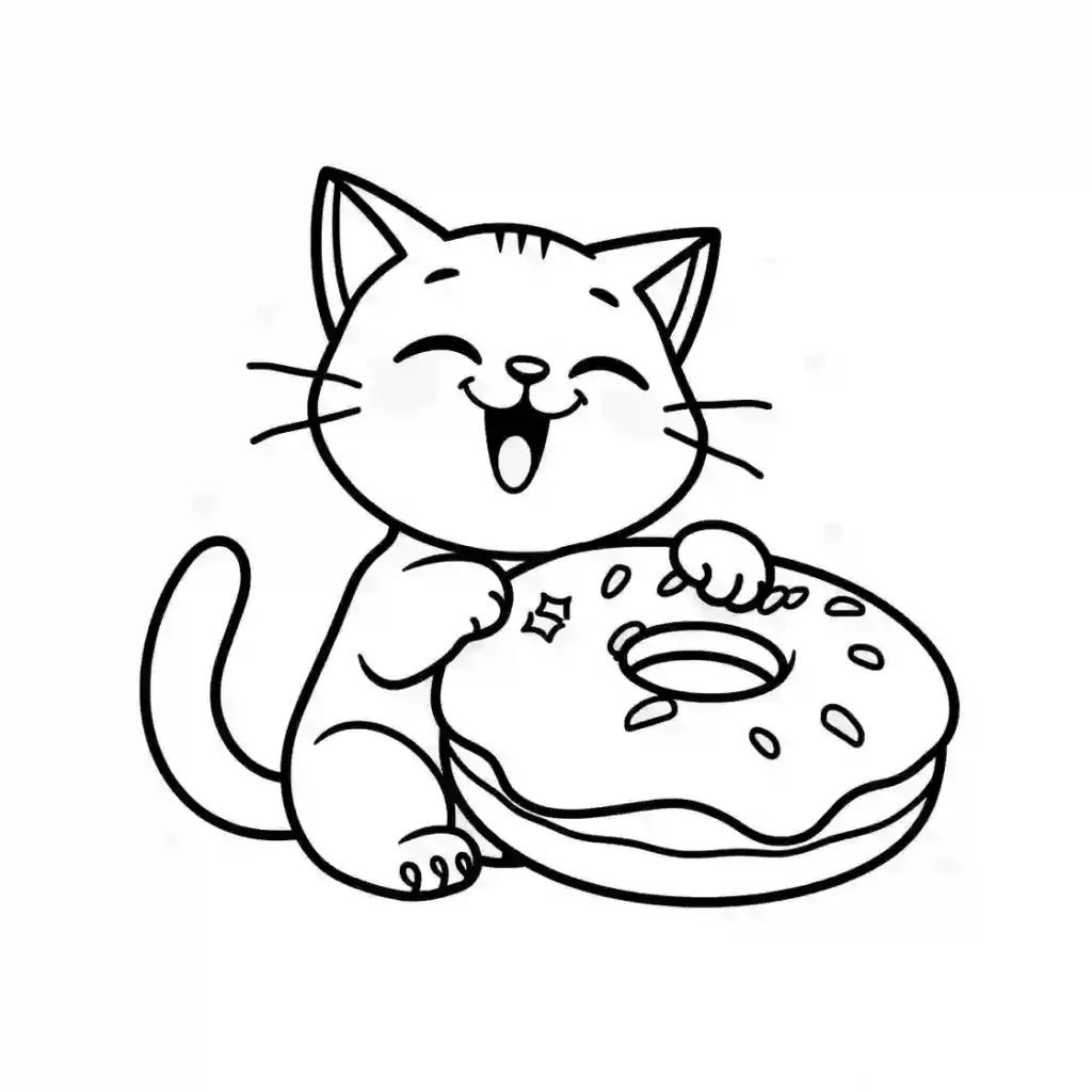 Black and white line art of a very happy cartoon cat with a big smile, holding a sprinkled donut.