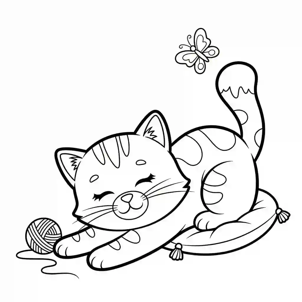 Black and white line art of a cute striped kitten stretching on a pillow with a ball of yarn and a butterfly.