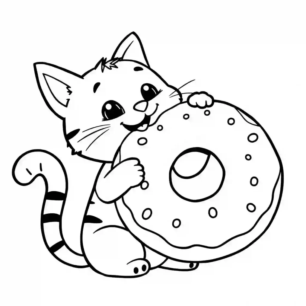Black and white line art of a cute cartoon cat biting into a large donut, designed as a coloring page.