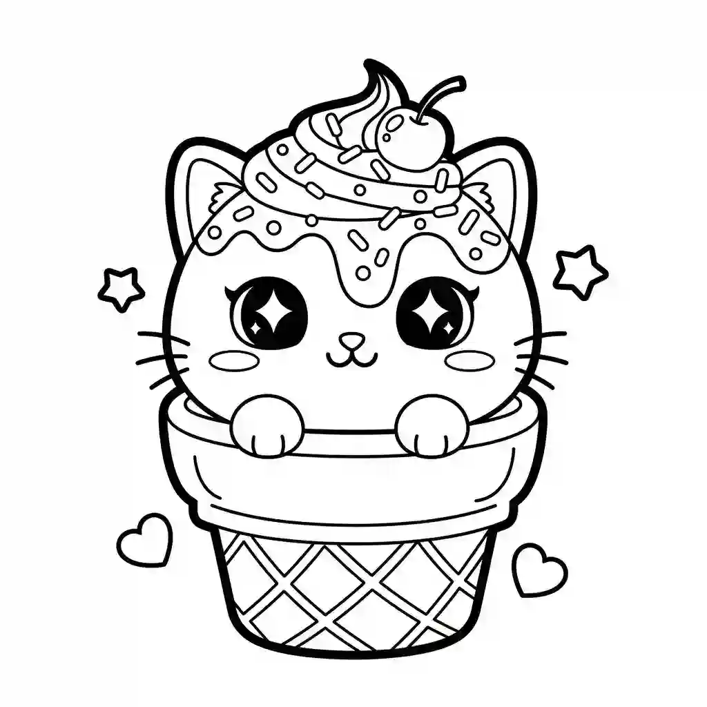 Black and white line art of a cute cartoon cat in an ice cream cone with ice cream, sprinkles, and a cherry on its head.