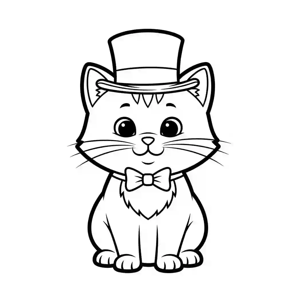 Black and white line art of a cute cartoon cat wearing a top hat and a bow tie.