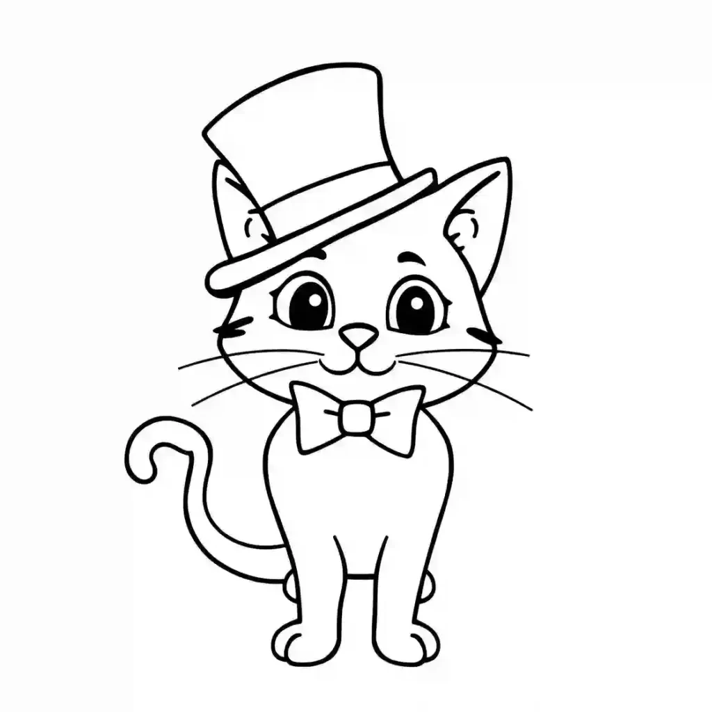 Black and white line art of a cute cartoon cat wearing a top hat and a bowtie.