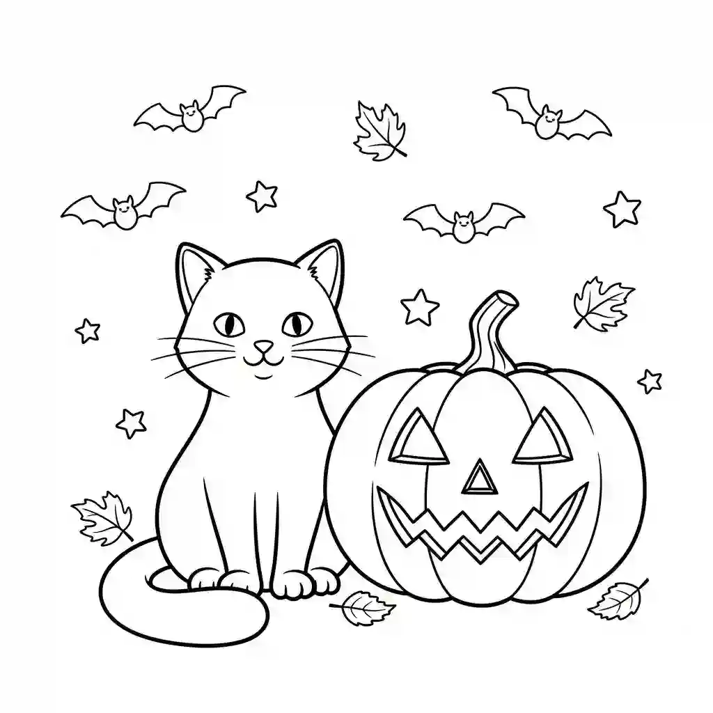 Black and white line art of a cute cat sitting next to a jack-o'-lantern, with bats, leaves, and stars in the background.