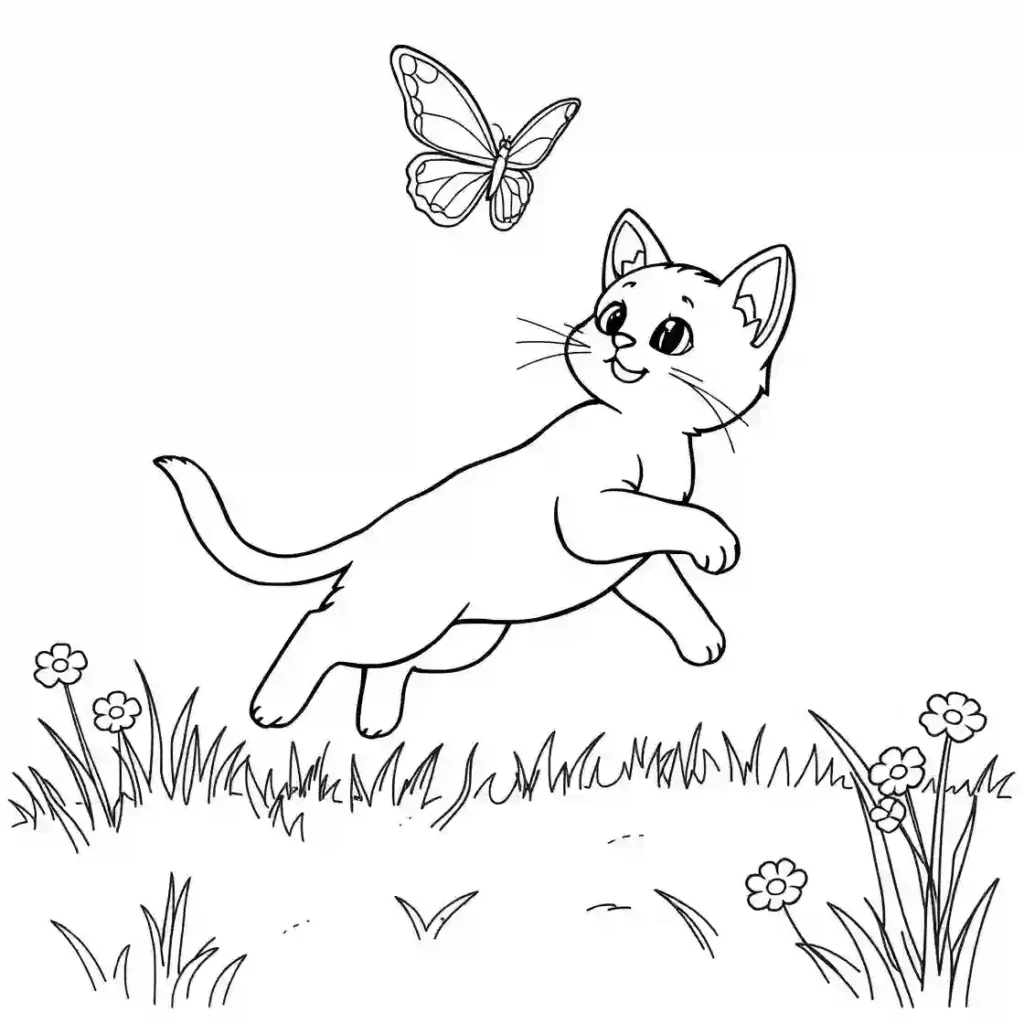 Black and white line art of a cute kitten leaping in the air to catch a butterfly, with grass and flowers below.