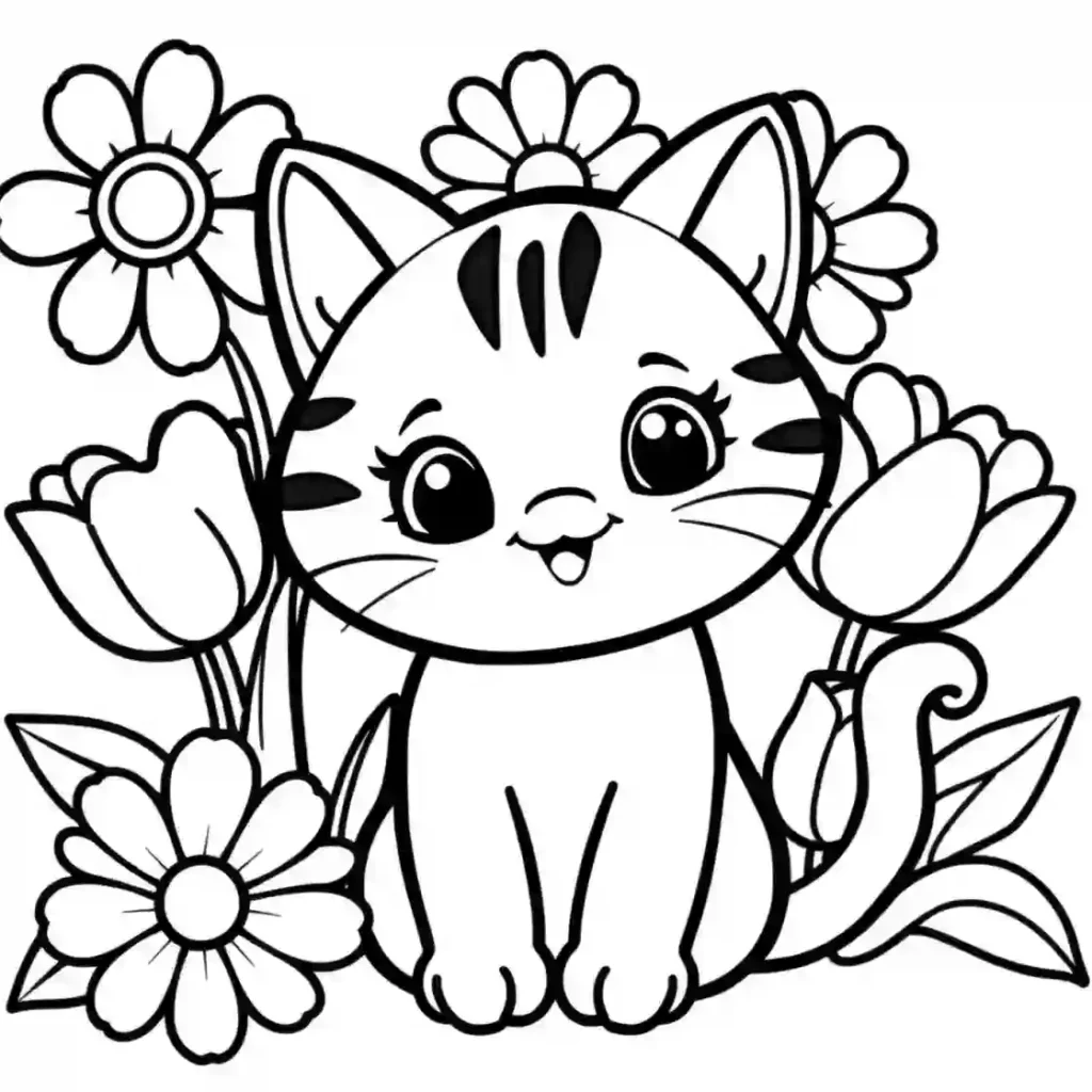Black and white line art of a cute cartoon kitten surrounded by daisies and tulips, designed as a coloring page.