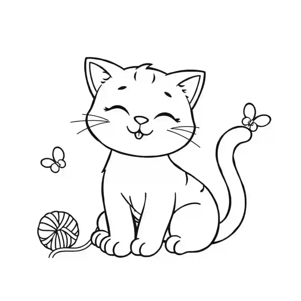 Black and white line art of a happy cartoon kitten with a ball of yarn, two butterflies, one on its tail.