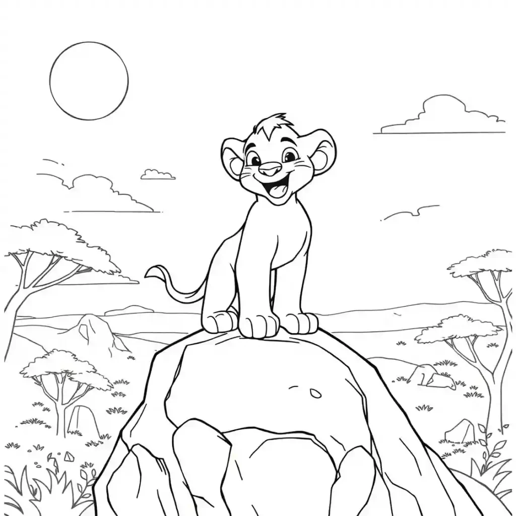 A line art drawing for coloring shows a happy, smiling lion cub standing on a large rock, with a savanna landscape, trees, hills, and a sun in the background.