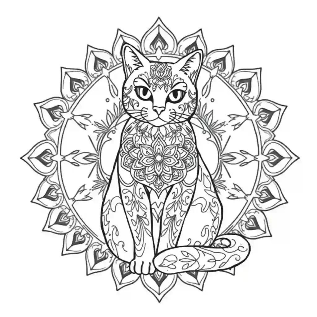 Black and white line art of a cat covered in intricate mandala patterns, centered within a large circular mandala design.