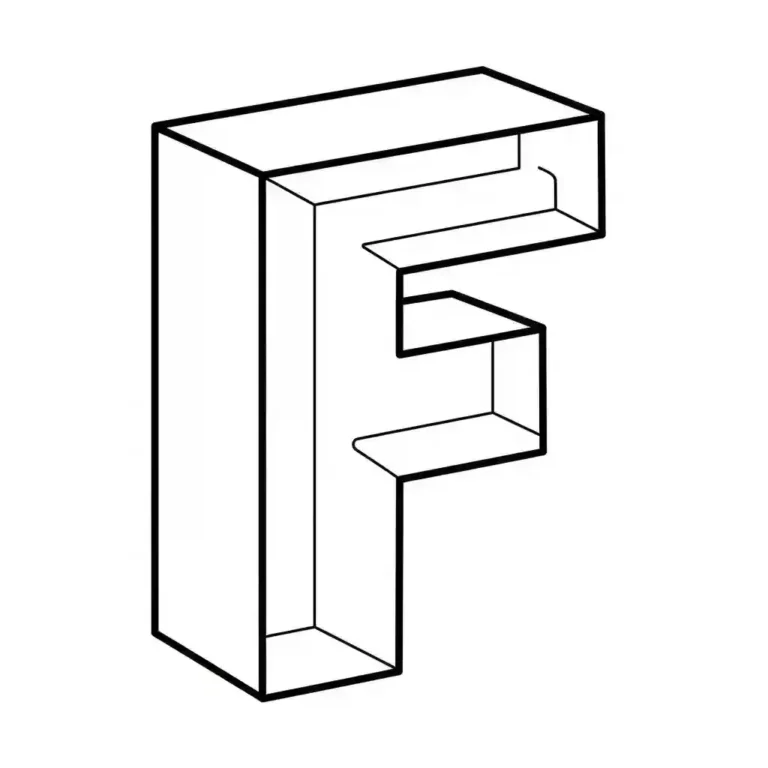 A clean, isometric 3D outline of the uppercase letter F with transparent sides.