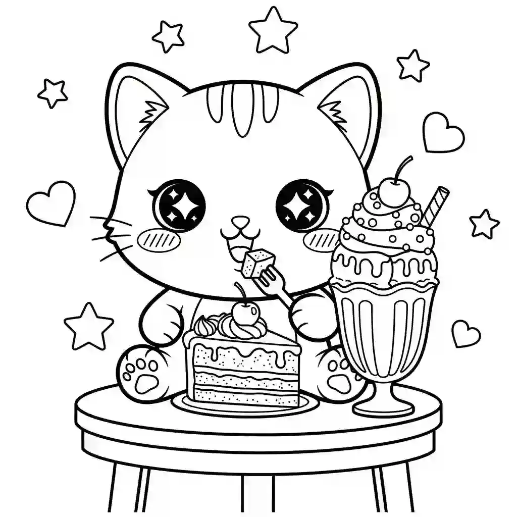 Black and white line art of a kawaii cartoon cat eating cake with a fork and a milkshake, surrounded by stars and hearts.