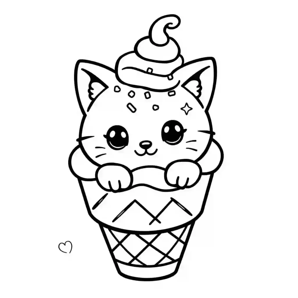 Black and white line art of a kawaii cartoon cat in an ice cream cone, with ice cream and sprinkles on its head.