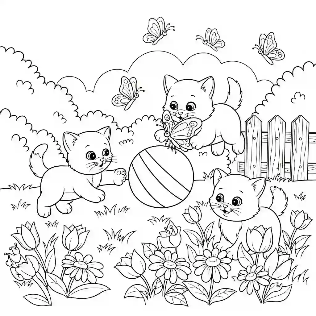 Black and white line art of three cute kittens playing in a garden with a ball, a butterfly, flowers, and a fence.
