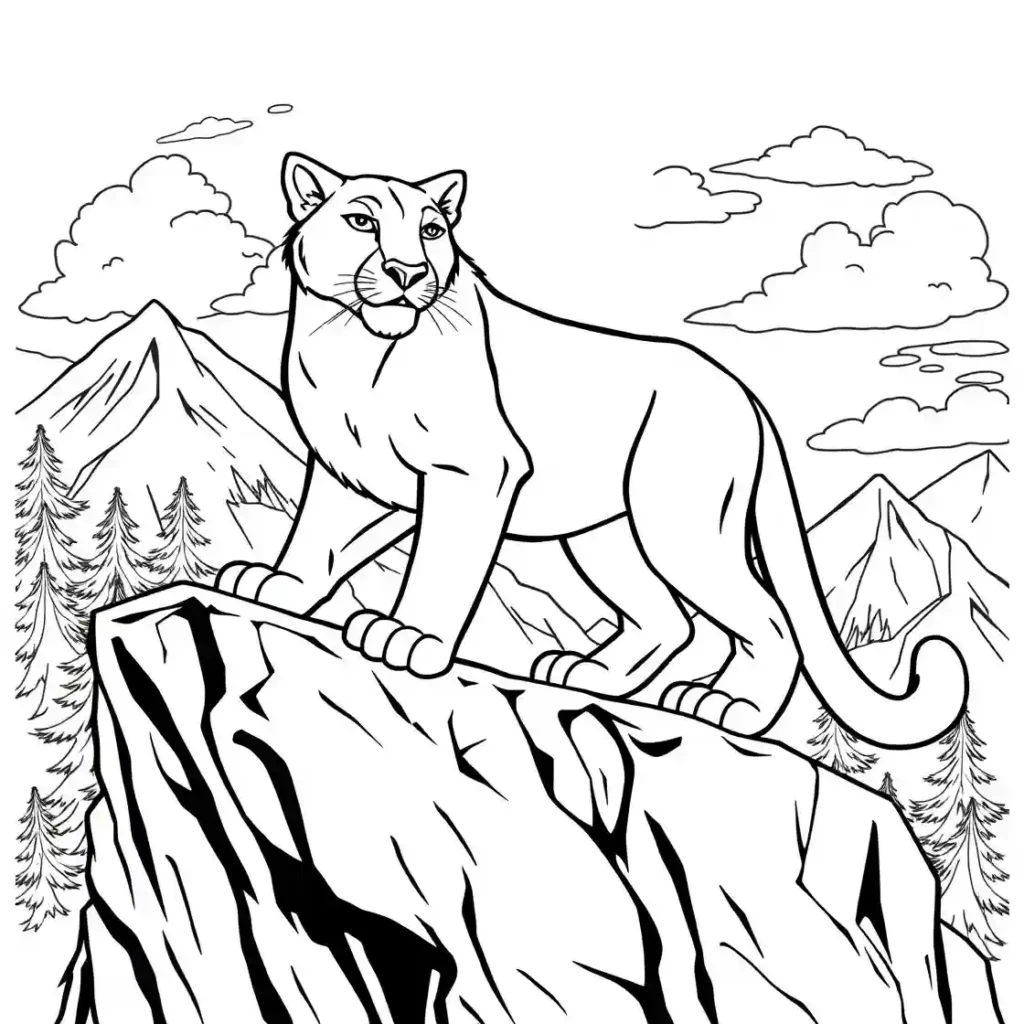 A line art drawing for coloring showing a mountain lion standing on a rocky cliff with mountains and trees in the background.
