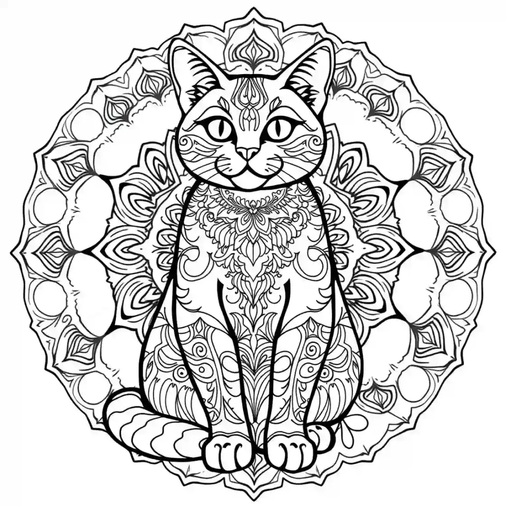 Black and white line art of a cat with a mandala pattern on its body, surrounded by a circular mandala design.