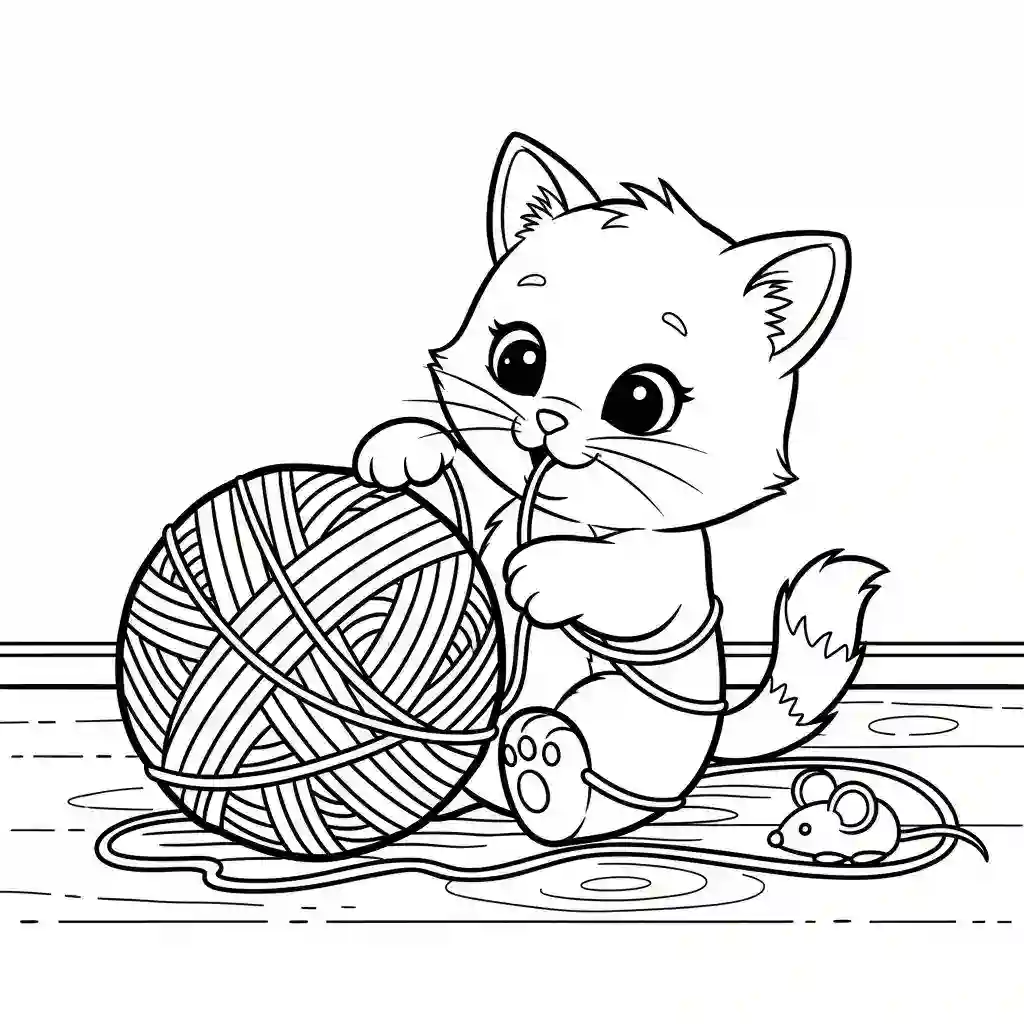 Black and white line art of a cute kitten tangled in a ball of yarn, with a toy mouse nearby.