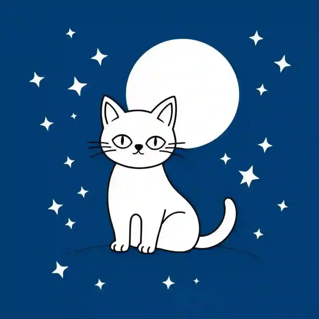 A white cartoon cat sits under a large white full moon in a deep blue night sky filled with white stars.