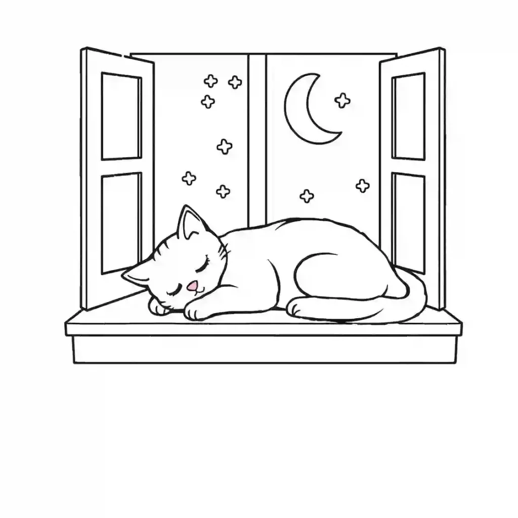 Black and white line art of a cute cat sleeping peacefully on a windowsill with a view of the moon and stars outside.