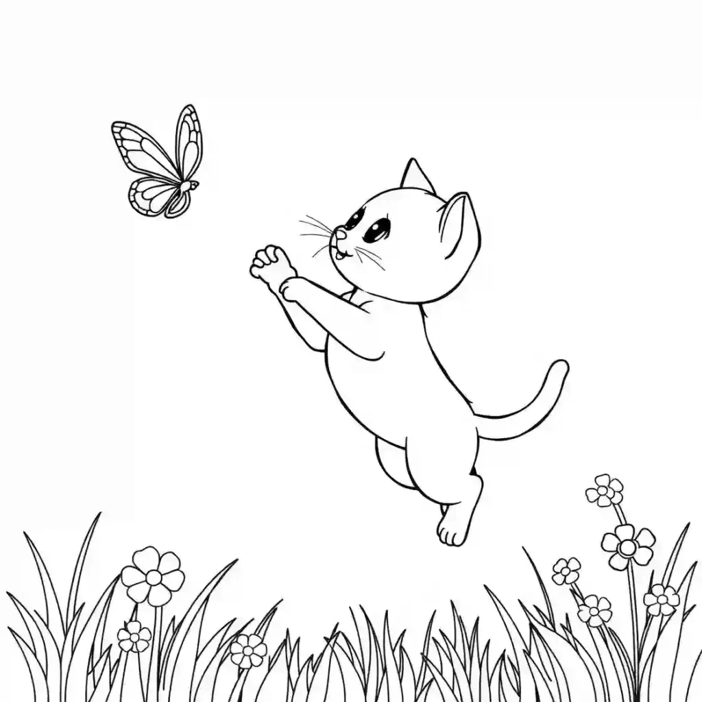 Black and white line art of a cute kitten leaping to catch a butterfly, with grass and flowers below.