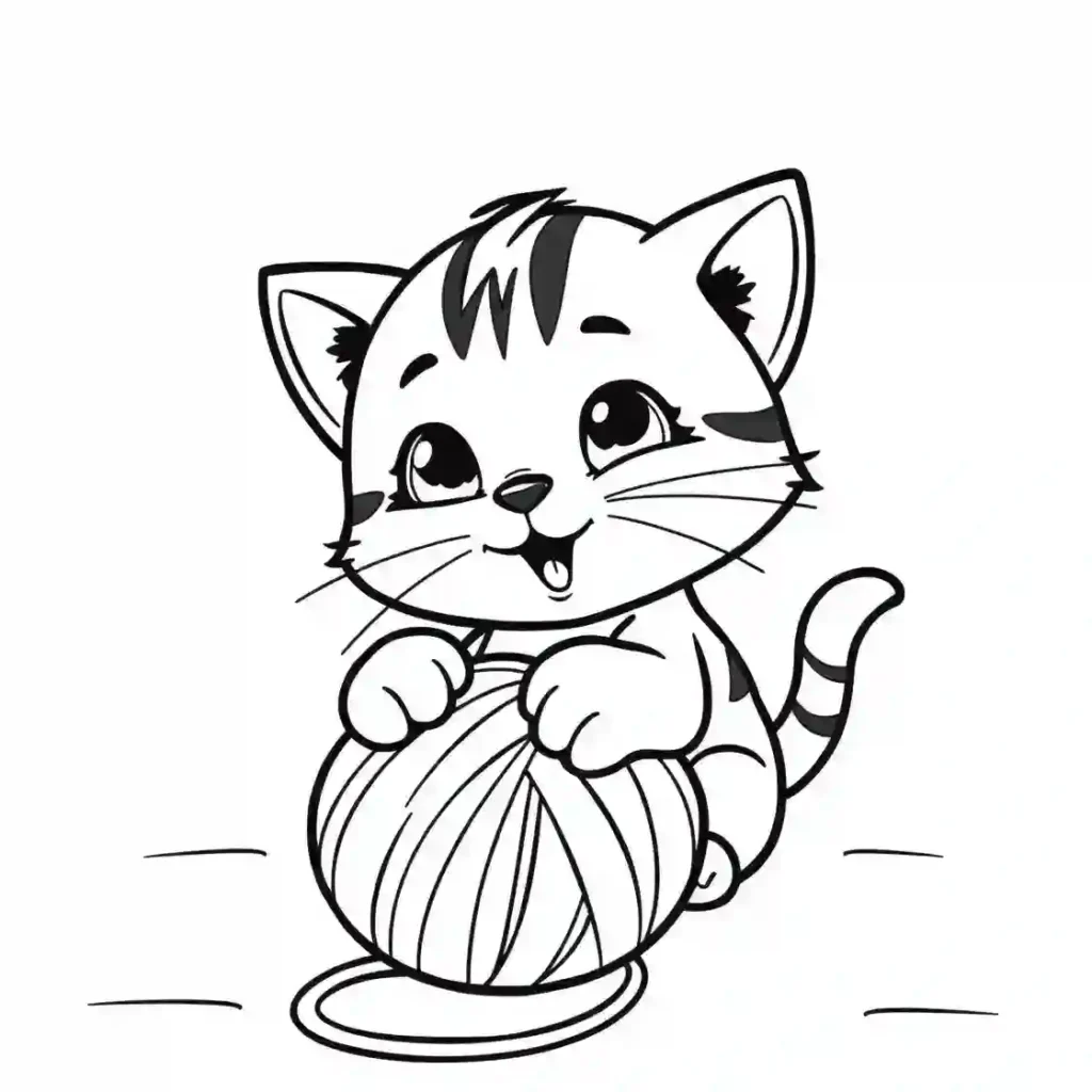 Black and white line art of a cute cartoon kitten happily playing with a large ball of yarn.