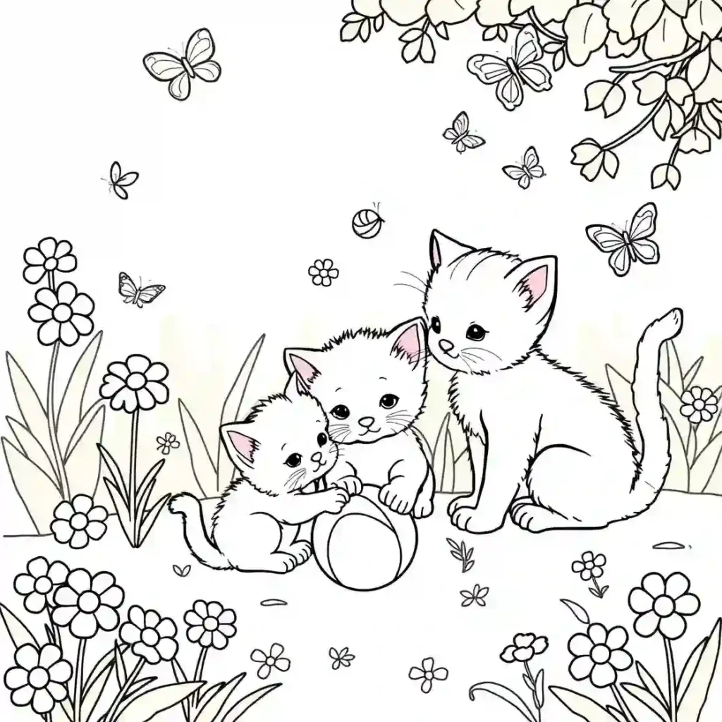 Black and white line art of three cute kittens playing with a ball in a garden filled with flowers and butterflies.