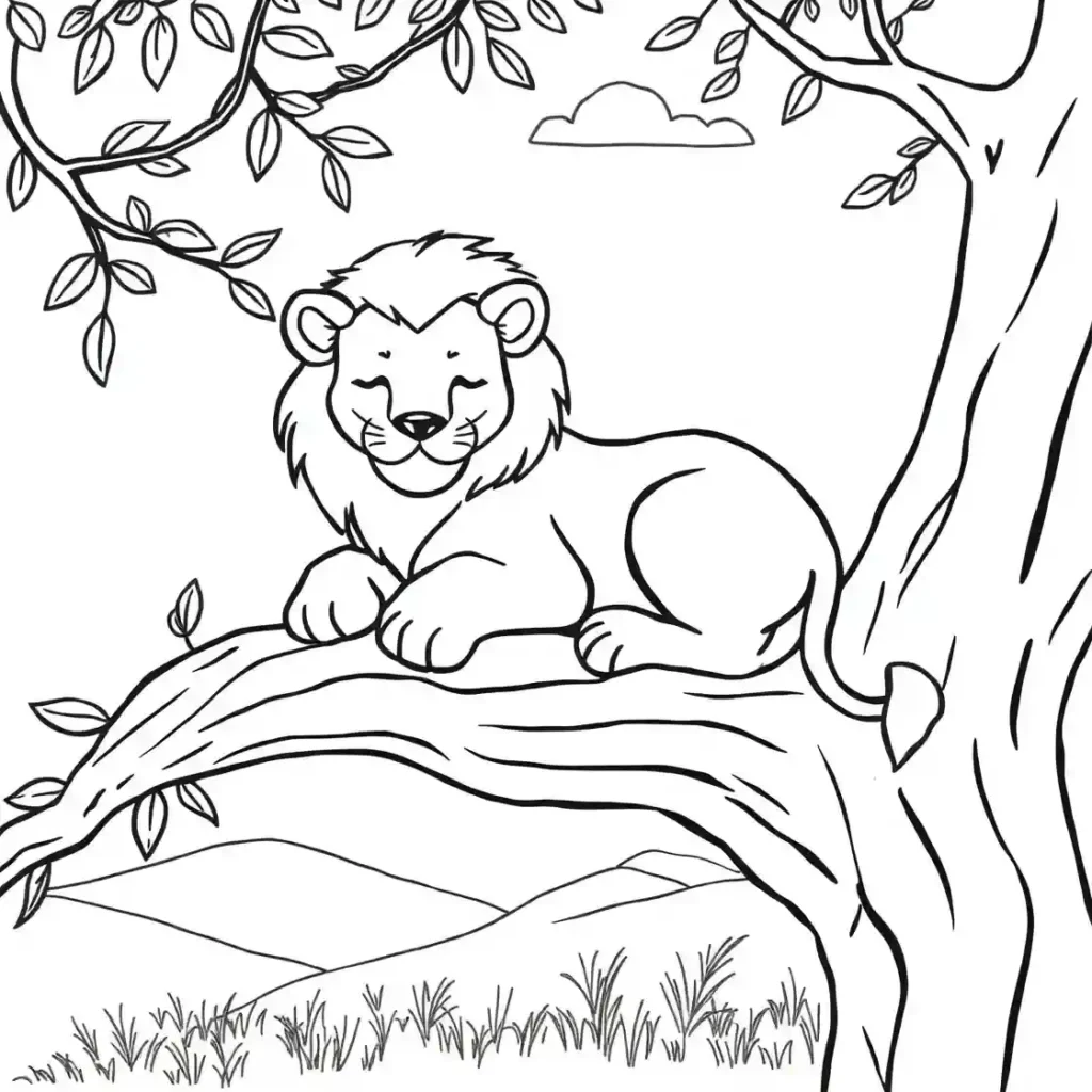 A line art drawing for coloring shows a cute, young lion or cub sleeping soundly on a tree branch, with hills and a cloud in the background.