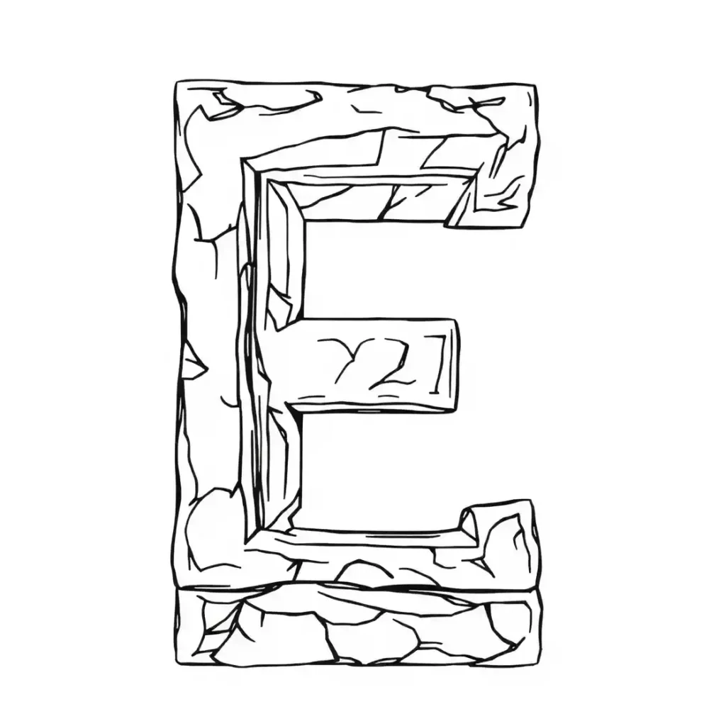 : Black and white outline drawing of the letter E carved from stone, showing cracks and rough textures.