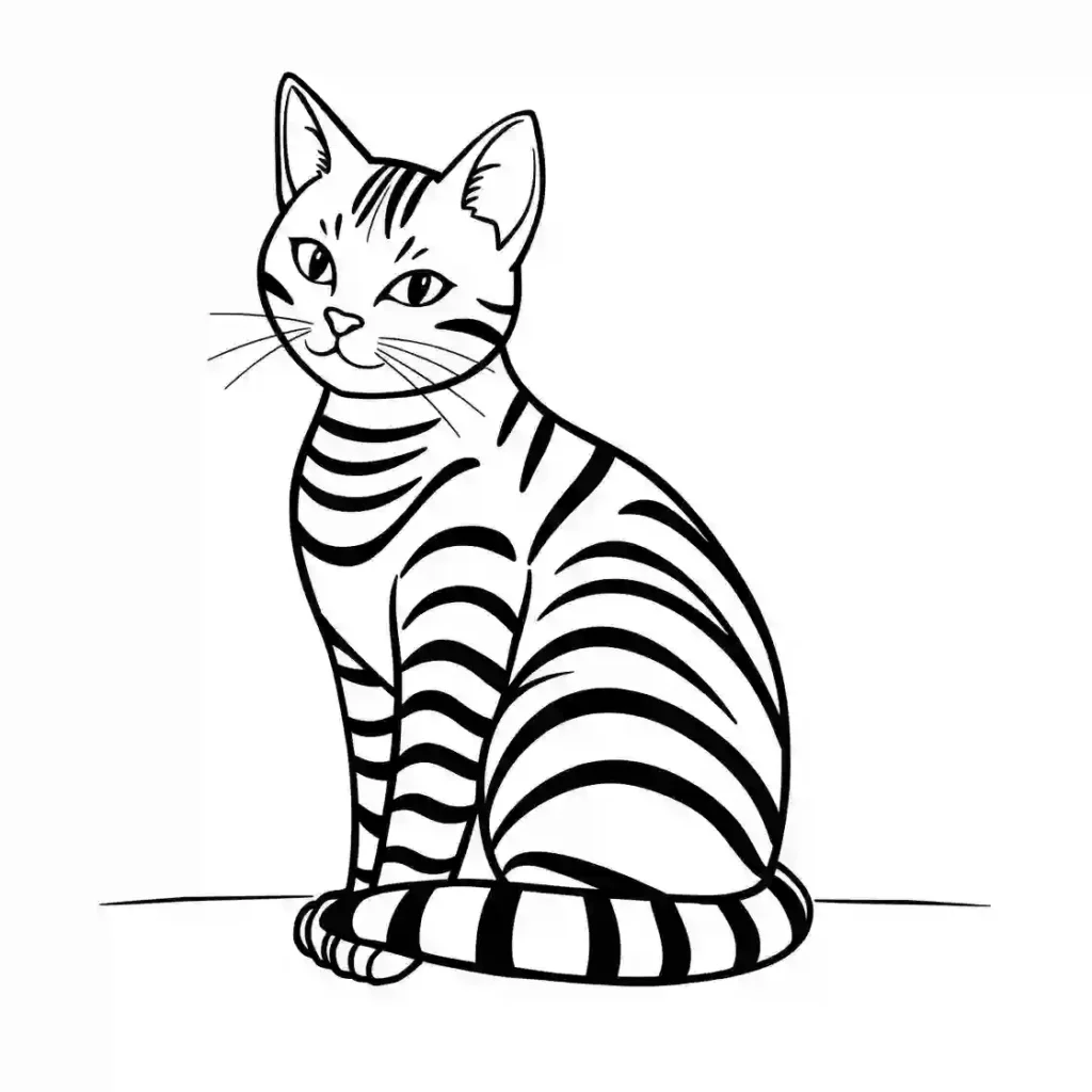 Black and white line art of a sitting, striped cat, designed as a coloring page.