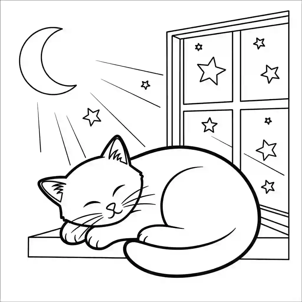 Black and white line art of a cute cat sleeping peacefully on a windowsill, with a crescent moon and stars visible outside the window.