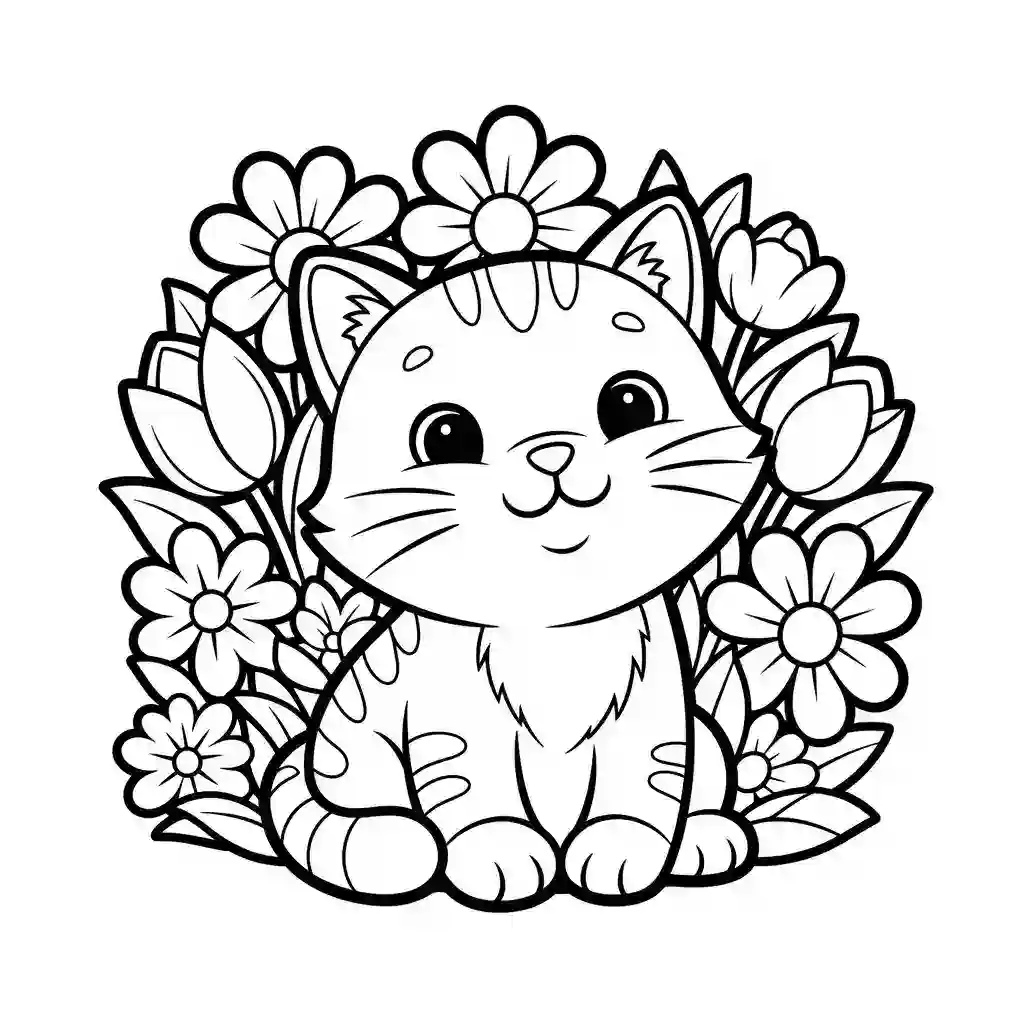Black and white line art of a sweet cartoon kitten sitting among various flowers, designed as a coloring page.