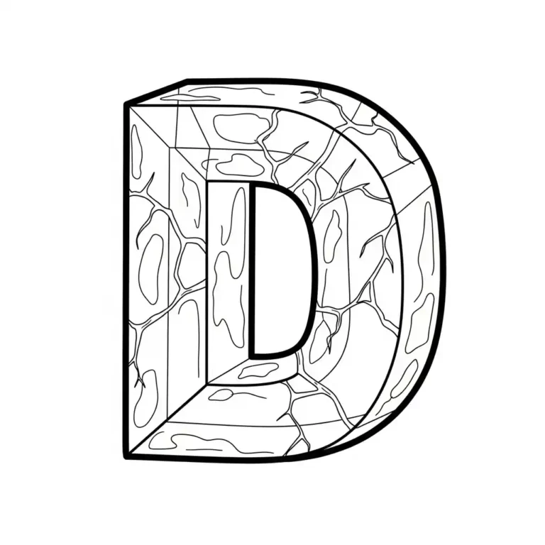 Black and white image of the letter "D" with a 3D cracked marble effect, intended for coloring.