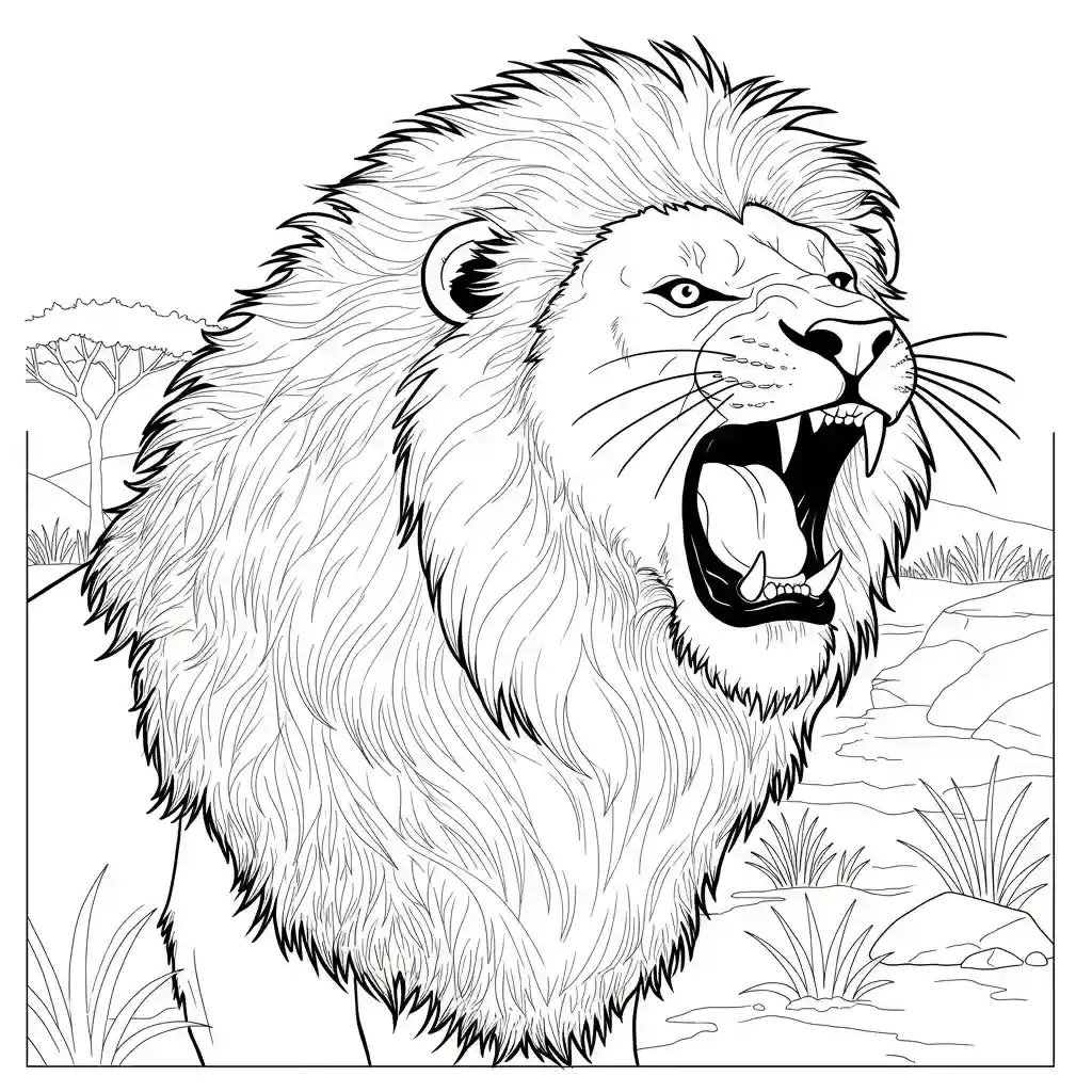 A detailed line art drawing for coloring of a male lion roaring, showing its open mouth with fangs and a large mane. In the background are sparse trees and rocks.