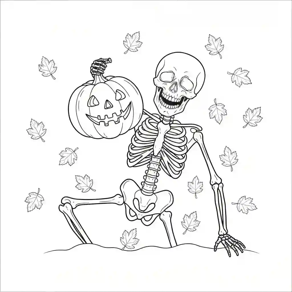 A fun Halloween coloring page for adults showing a happy skeleton holding a carved pumpkin with falling autumn leaves.