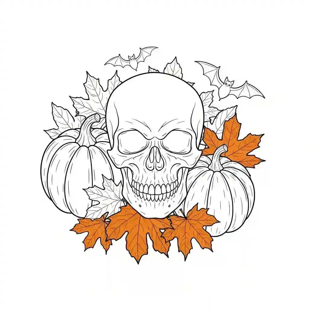 A detailed Halloween coloring page for adults featuring a spooky skull, pumpkins, bats, and autumn leaves.