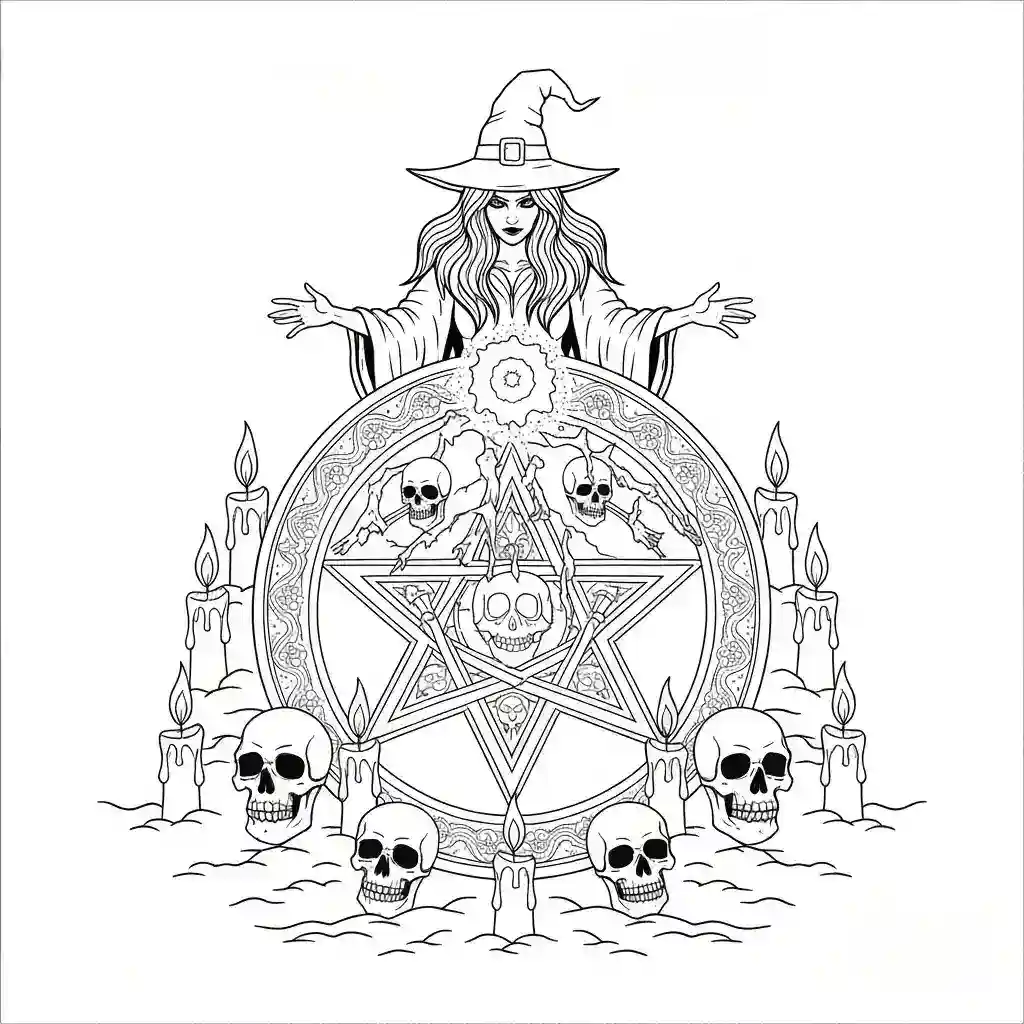 A magical Halloween coloring page for adults with a witch casting a spell over a detailed pentagram surrounded by skulls and candles.