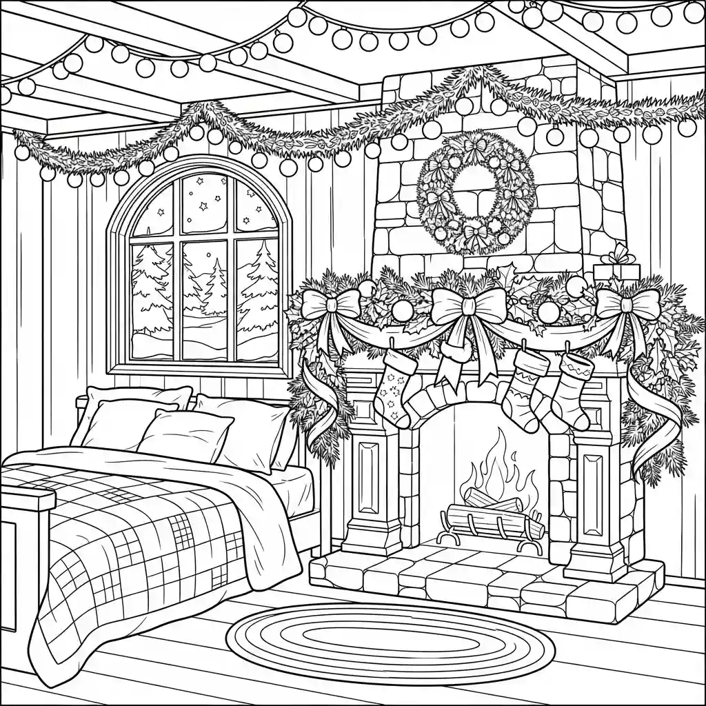 A detailed outline drawing of a cozy bedroom decorated for Christmas with a large fireplace, stockings, and a bed.