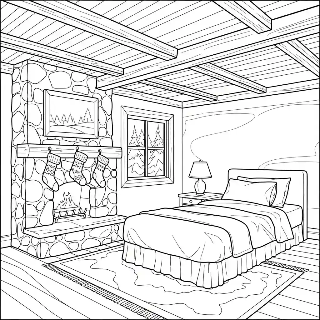 An outline drawing of a cozy bedroom with a stone fireplace, decorated wreaths, plants, and a comfortable bed.