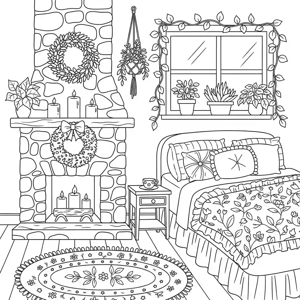 An outline drawing of a cozy bedroom with a stone fireplace, decorated wreaths, plants, and a comfortable bed.