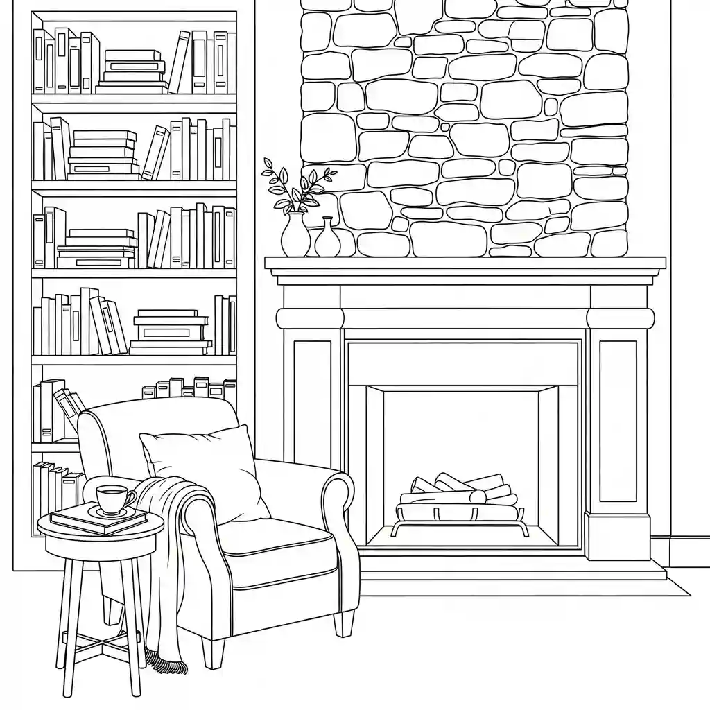 An outline drawing of a cozy reading corner with an armchair, books on shelves, and a stone fireplace.