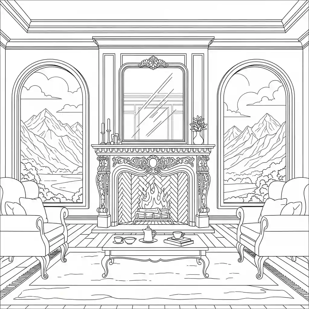 An outline drawing of a luxurious room with a highly detailed, ornate fireplace and mountain views from two large windows.