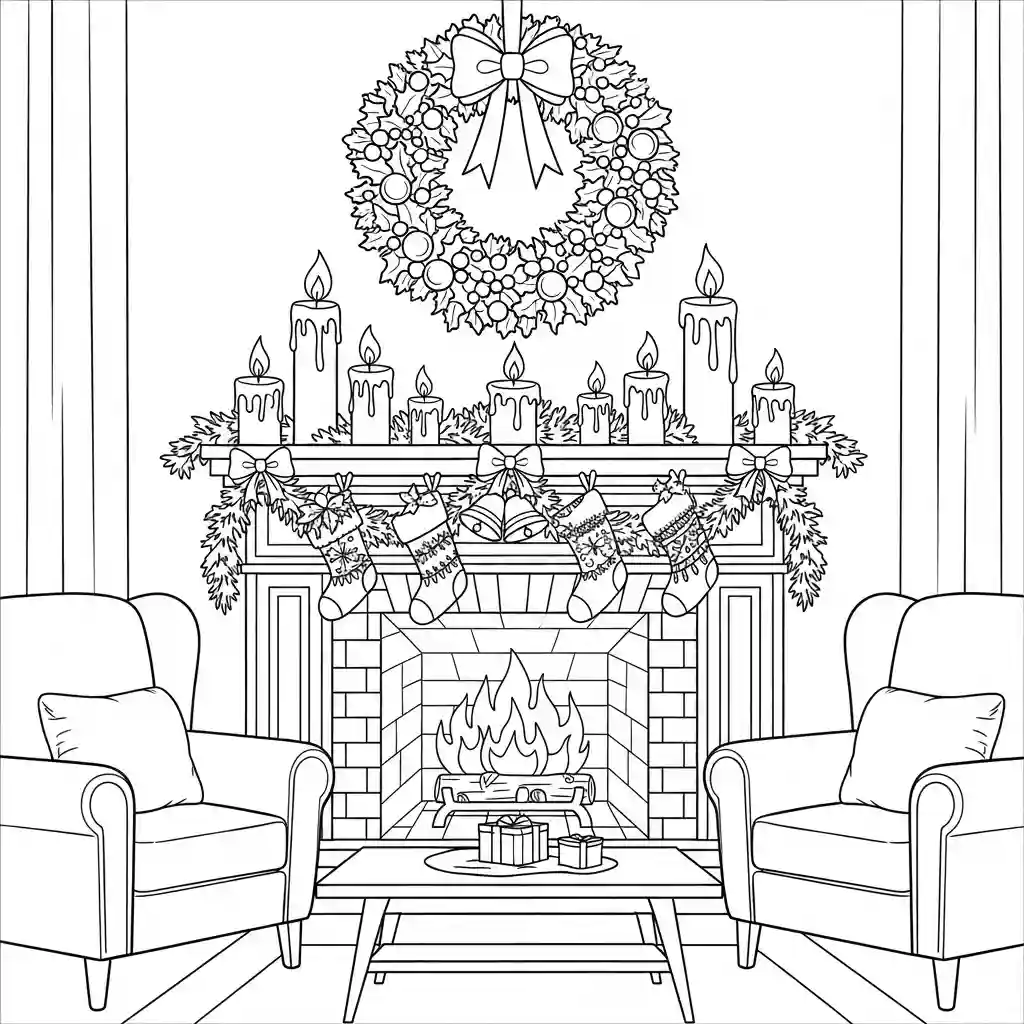 A detailed outline drawing of a living room with a decorated Christmas fireplace, two armchairs, and gifts on a coffee table.