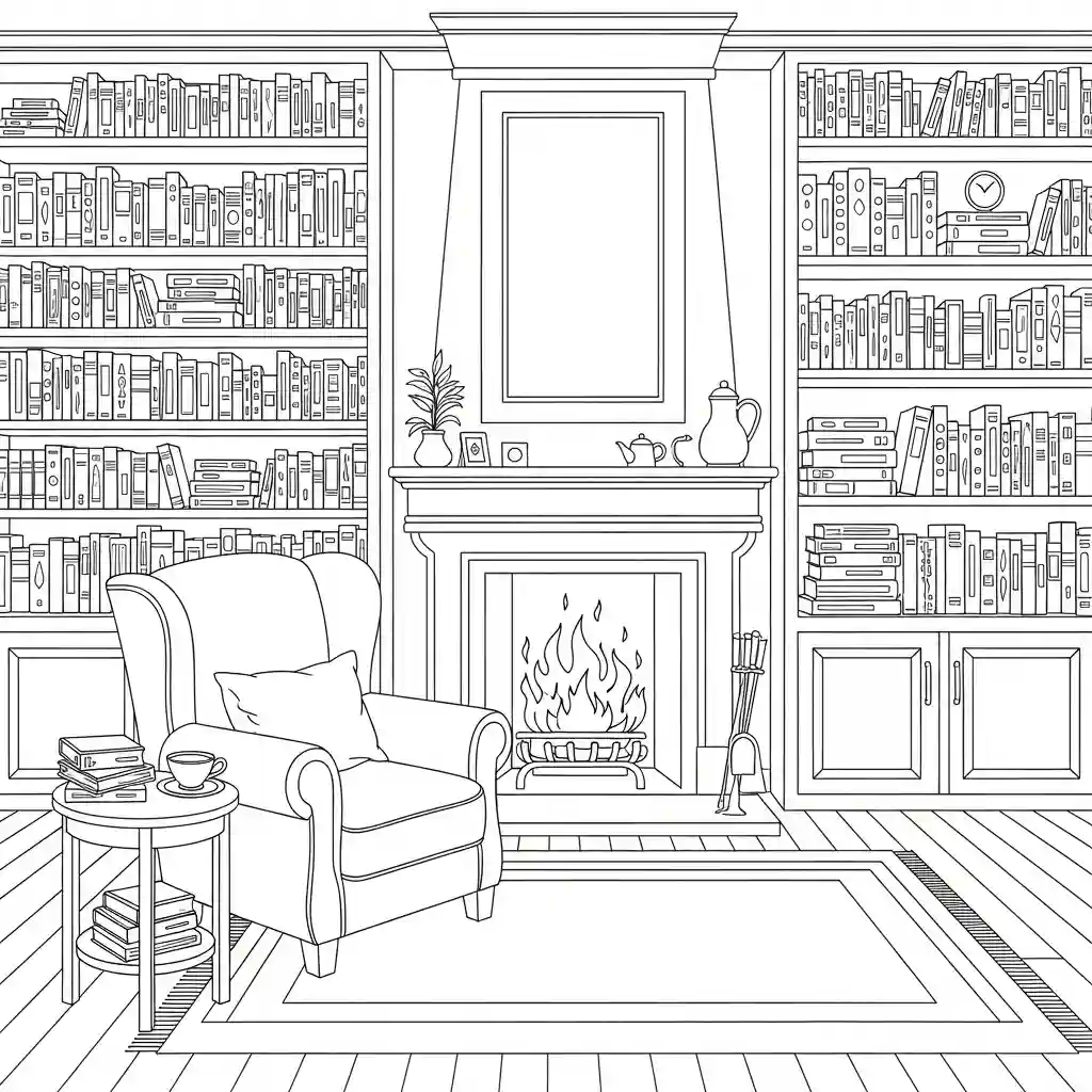 A detailed outline drawing of a library with a fireplace, comfortable armchair, and floor-to-ceiling bookshelves.
