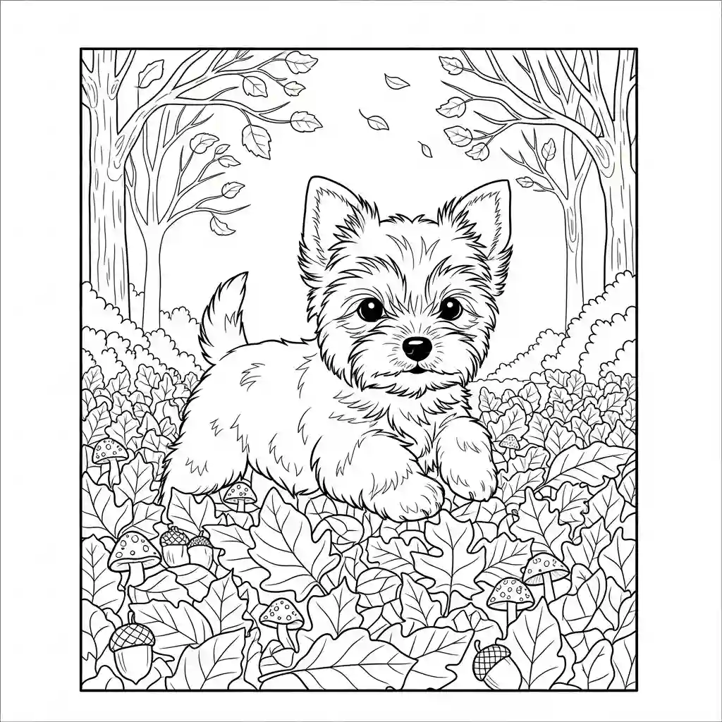 Detailed black and white outline of a Yorkshire Terrier dog puppy lying in a pile of autumn leaves, acorns, and mushrooms, set in a forest, a beautiful yorkie dog coloring page.