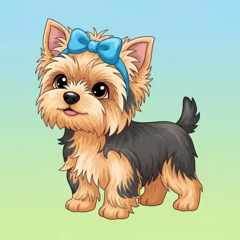 Cartoon style illustration of a Yorkshire Terrier puppy with a large blue bow on its head, sitting cheerfully on a blue and green gradient background, a perfect outline for yorkie coloring pages.