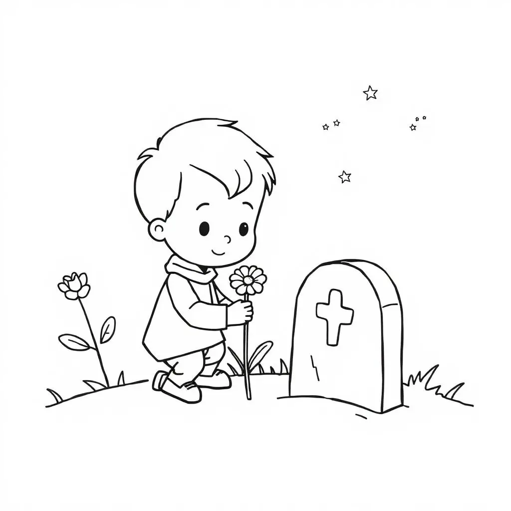 Line art coloring page of a child gently placing a flower at a gravestone with a cross and stars in the sky.