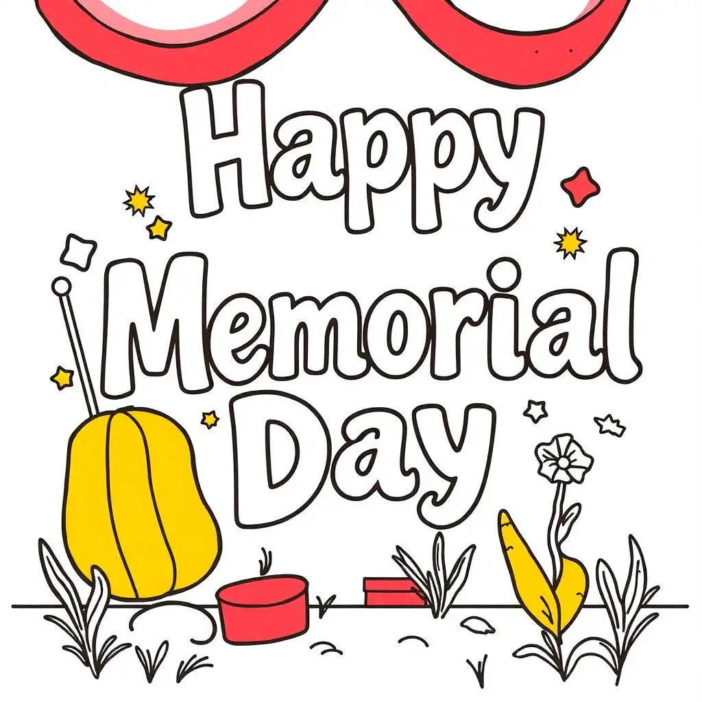 Line art coloring page with "Happy Memorial Day" text and drawings of objects like a yellow pumpkin, red tokens, and a yellow carrot.