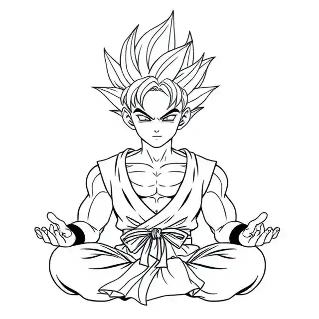 Line art drawing of Son Goku from Dragon Ball Z sitting in a meditative pose