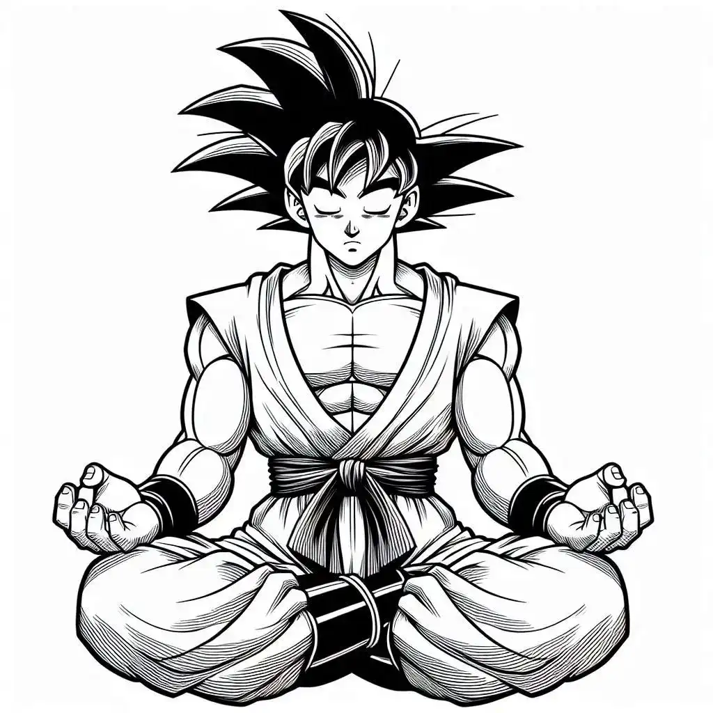 Detailed line art drawing of Son Goku from Dragon Ball Z meditating with closed eyes.