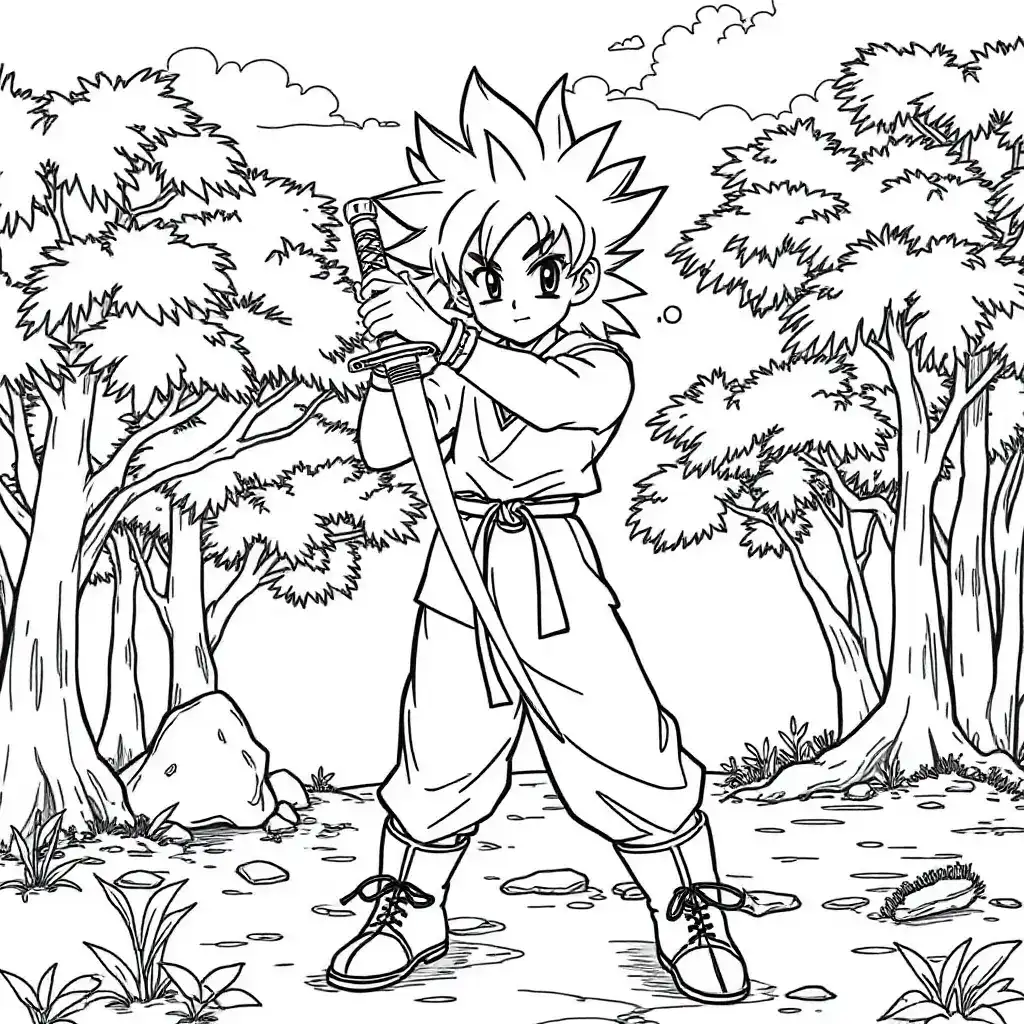 Line art drawing of young Son Goku holding a sword in a forest setting.